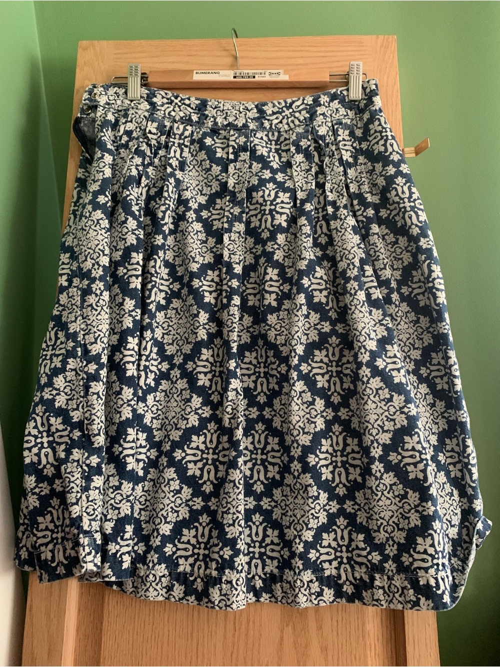 Blue and White Patterned Denim Women's Midi Skirt